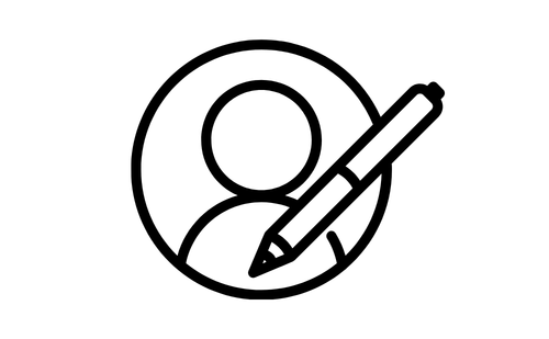 Image of a circular profile image with a pen leaning across the frame