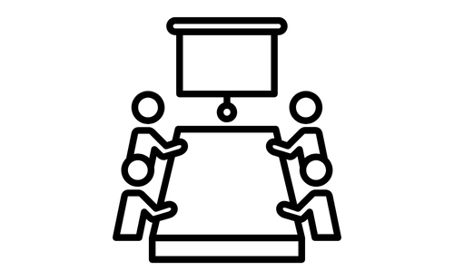 Image of a meeting room table and screen with four people sitting on either side of a table