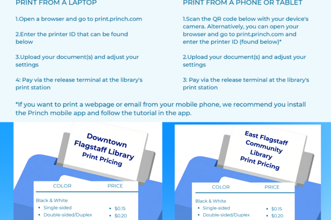 Instructional graphic explaining how to print at the library using Princh. The top section shows how to print from a laptop or from a phone or tablet, with steps to visit print.princh.com or scan a QR code, enter the printer ID, upload documents, adjust settings, and pay at the print station. The bottom section shows two print pricing graphics: one for Downtown Flagstaff Library and one for East Flagstaff Community Library. Both list black and white printing at $0.15 single-sided and $0.20 double-sided, and