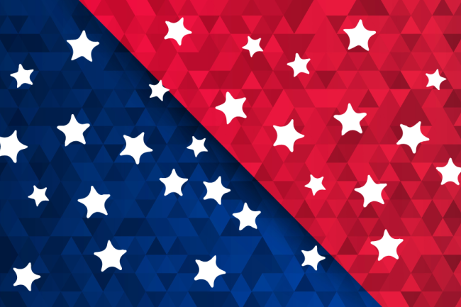 half of the page is red, the other navy blue. white starts adorn the graphic. reminiscent of the american flag. no stripes.