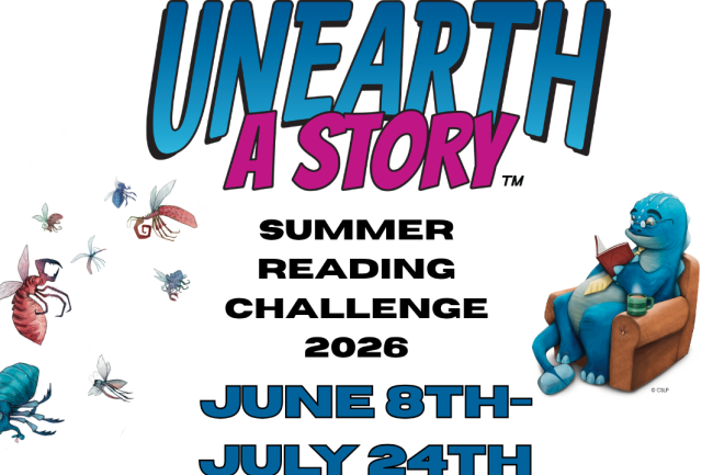 Unearth a story, summer reading challenge 2026. register at flagstaffcoconinocounty.beanstack.org